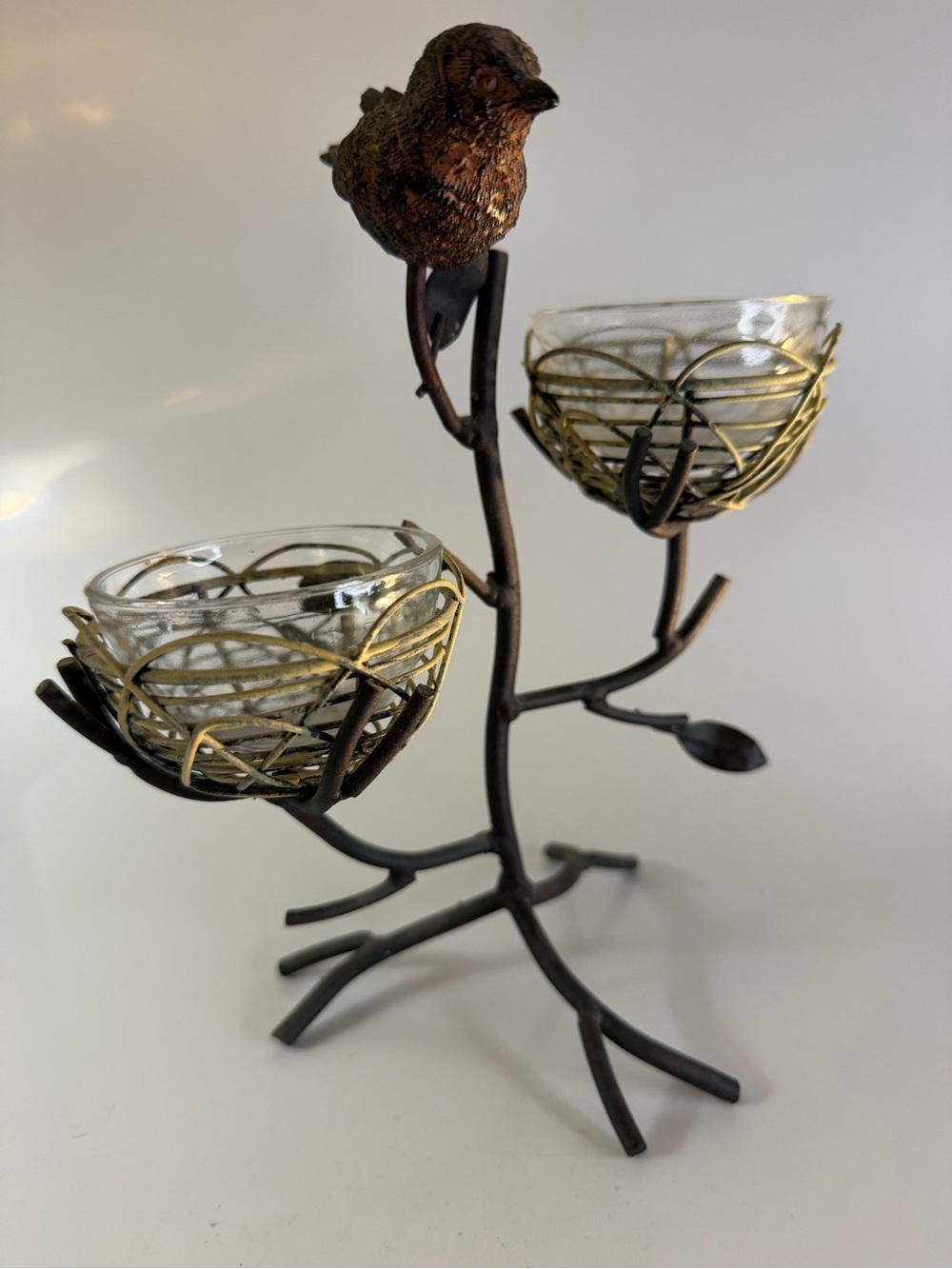Bird Branch Rustic Metal Double Votive Candle Holder in Bronze and Gold